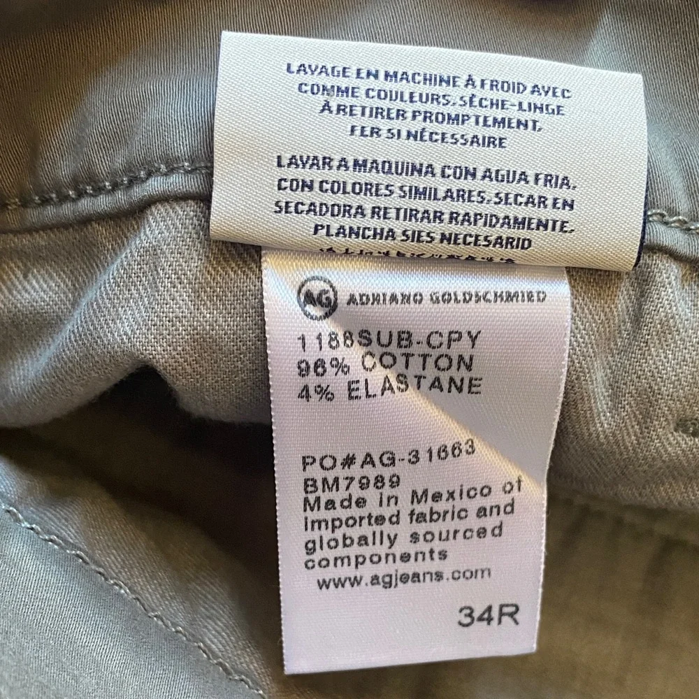 AG Adriano Goldschmied Mens 34 Slate Khaki Chino Tailored Trouser Pants